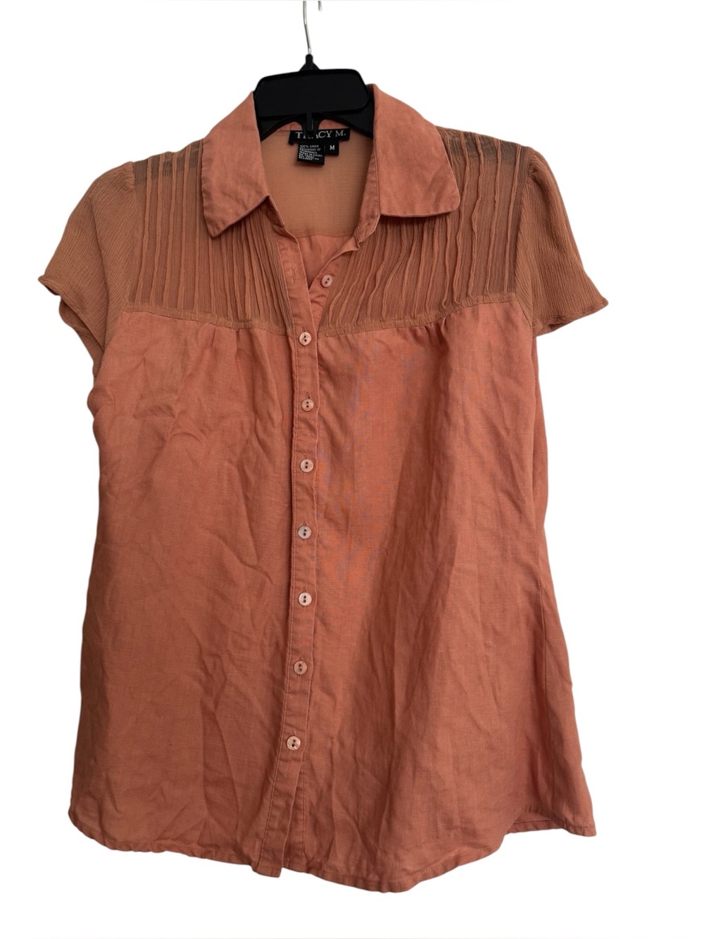 Tracy M.  Peach Linen Short-Sleeve Button-Front Shirt with sheer cap sleeves